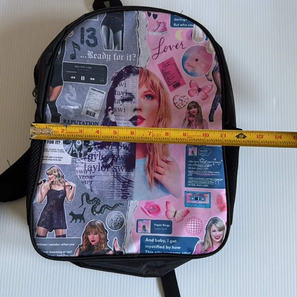 Taylor Swift inspired black, pink & gray collage backpack.
